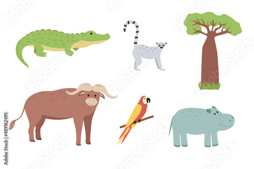 A set of cartoon animals of Africa  vector illustration of cute funny animals.