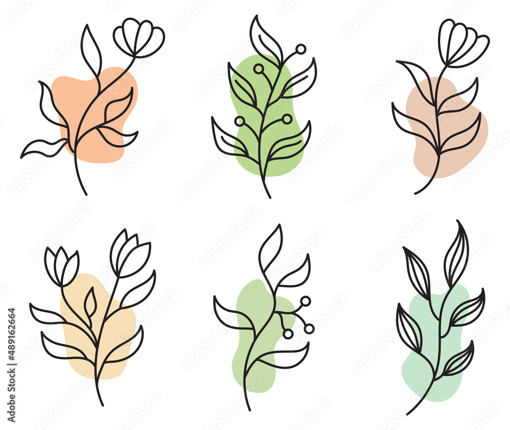 A set of illustrations of plant silhouettes Branches and leaves with abstract colored spots