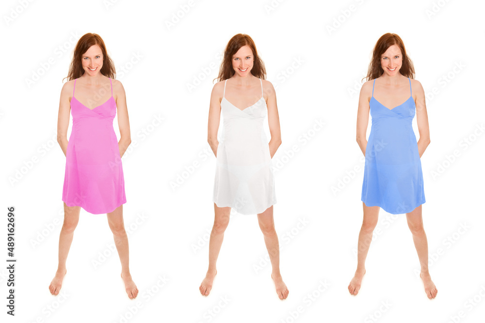 Attractive young woman wearing a summer dress in three different colors, full length portraits isolated in front of white studio background Attractive young woman wearing a summer dress in three different colors, full length portraits isolated in front of white studio background
