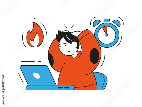 Angry business male missed deadline working use laptop vector flat illustration. Tired nervous stressed man employee clutches head at desk having bad time management, late making tasks isolated