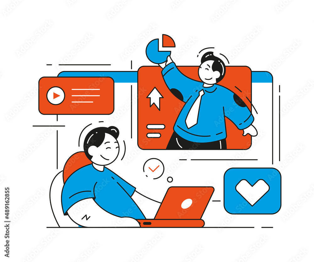 Male watching online channel for man use laptop vector flat illustration. Internet business vlogger giving investment, profit increase information live stream. Interesting media content broadcasting