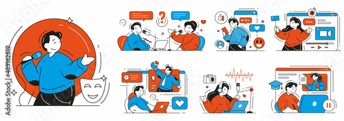 Collection modern people enjoy online digital services application vector flat illustration. Man and woman recording podcast, viral content, internet learning, distance education, stand up performance