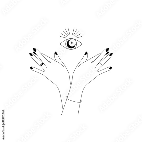 Womens hands with magic eye in in simple line art style. Esoteric and mystical Vision of Providence symbol for branding or logo cosmetics and beauty products.Tarot reader. Doodle Vector illustration