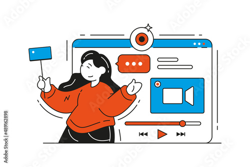 Woman blogger shooting new video episode announcement use smartphone vector flat illustration. Female influencer recording making online advertising media content cyberspace entertainment