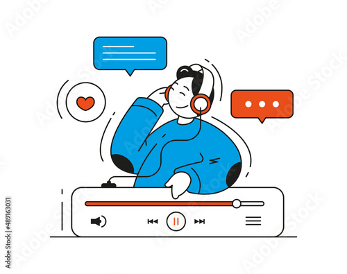 Happy man in headphones listening interesting audio podcast enjoying self development vector flat illustration. Male online radio show sound voice broadcasting application music multimedia content