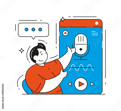 Male influencer new audio podcast episode announcement with mic and smartphone vector flat illustration. Internet advertising sound show channel broadcasting, online radio, interview, music content