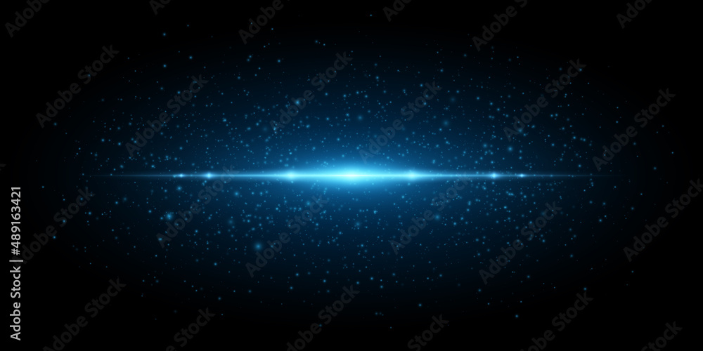 Abstract blue light effect isolated on black background. Vector burst of light with sparks. Flare and glare. Glowing line with dust