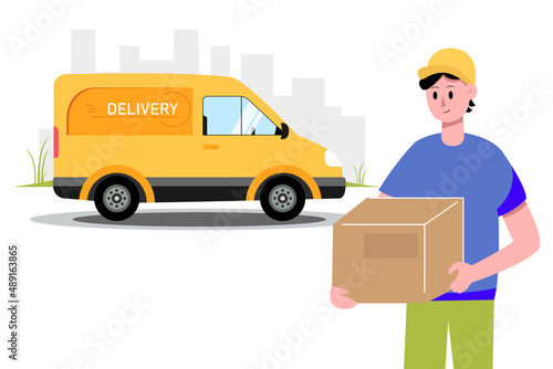 Courier with box and yellow car. Fast delivery concept. Vector illustration.