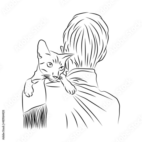 Domestic cat sits on shoulder of its owner. Showing love and caresses to pet. Animal care, welfare and protection concept. Man with cat. Adoption of pets. Volunteering at an animal shelter. Sketch