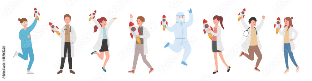 Paramedic man or woman doctor or laboratory staff combination, medical specialist with rocket, doctor team concept, medical office or laboratory, cartoon vector