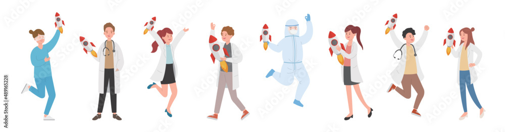 Paramedic man or woman doctor or laboratory staff combination, medical specialist with rocket, doctor team concept, medical office or laboratory, cartoon vector Paramedic man or woman doctor or laboratory staff combination, medical specialist with rocket, doctor team concept, medical office or laboratory, cartoon vector