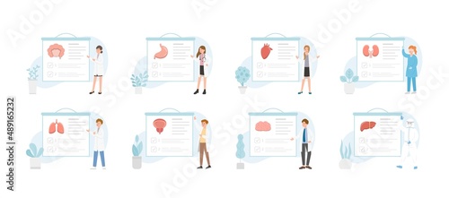 Paramedic man or woman doctor or laboratory staff or medical specialist making medical report on human organs on stage, doctor team concept, medical lecture or conference or seminar