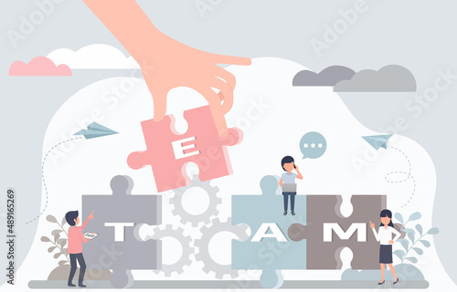 Teamwork concept. The big hand picked up the E puzzle and put it together in words. There are characters sitting on puzzles, stand and do activities with puzzles. Vector illustration Eps10.