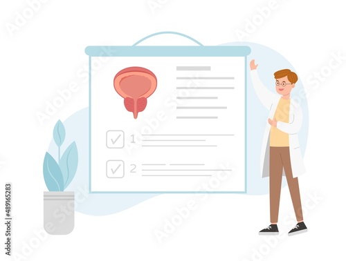 Male paramedic or doctor or laboratory or medical specialist giving medical report on bladder and prostate on stage, medical lecture or conference or seminar
