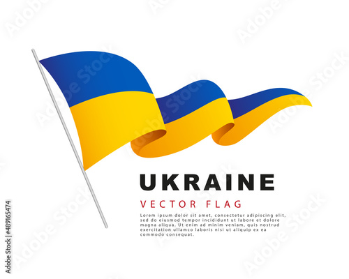 The flag of Ukraine hangs on a flagpole and flutters in the wind. Vector illustration isolated on white background.