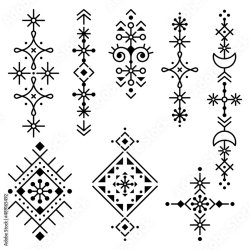 Icelandic rune art style geometric tribal line art vector long design set, black and white ornaments inspired by Viking patterns 