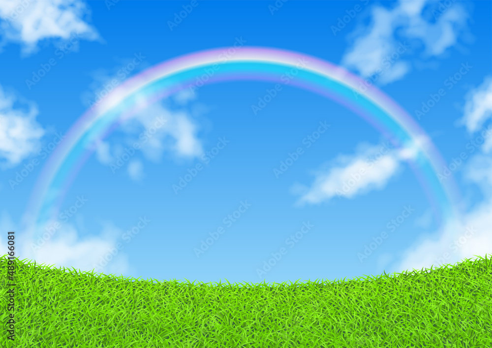 芝生と青空にかかる虹のベクター素材