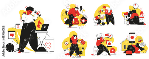 Angry people tired at work set vector flat illustration. Business problem overwhelmed, overworked, workaholic, multitasking, deadline missing isolated. Professional burnout nervous employee collection