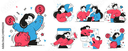 Successful business people making money career growth digital marketing announce analyzing set vector flat illustration. Man and woman working partnership together report graph presentation isolated