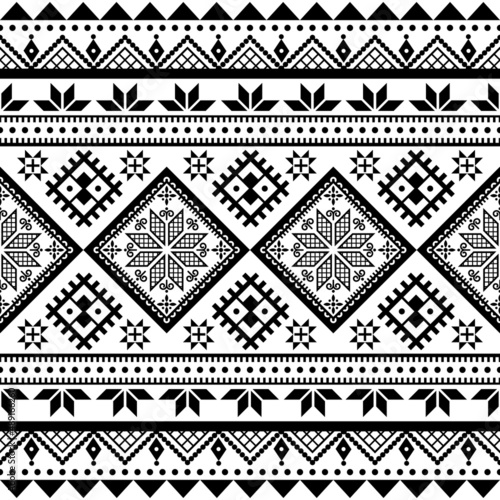 Ukrainian Pysanky vector seamless folk art pattern with geometric motif - Hutsul Easter eggs repetitive design in black and white
