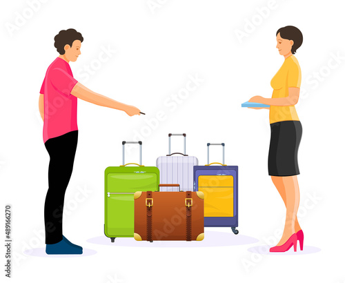 Man and woman count luggage, waiting to arrival and departure