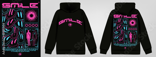 Modern poster with text "Smile". In Acid style, stylish print for streetwear, print for t-shirts and hoodies, isolated on black background