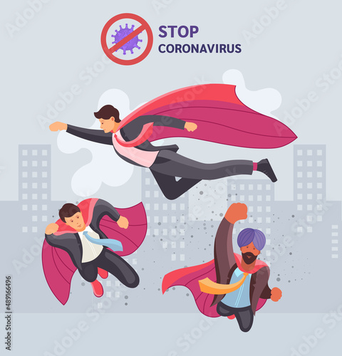 Set businessman and superwoman superhero actions running flight takeoff.