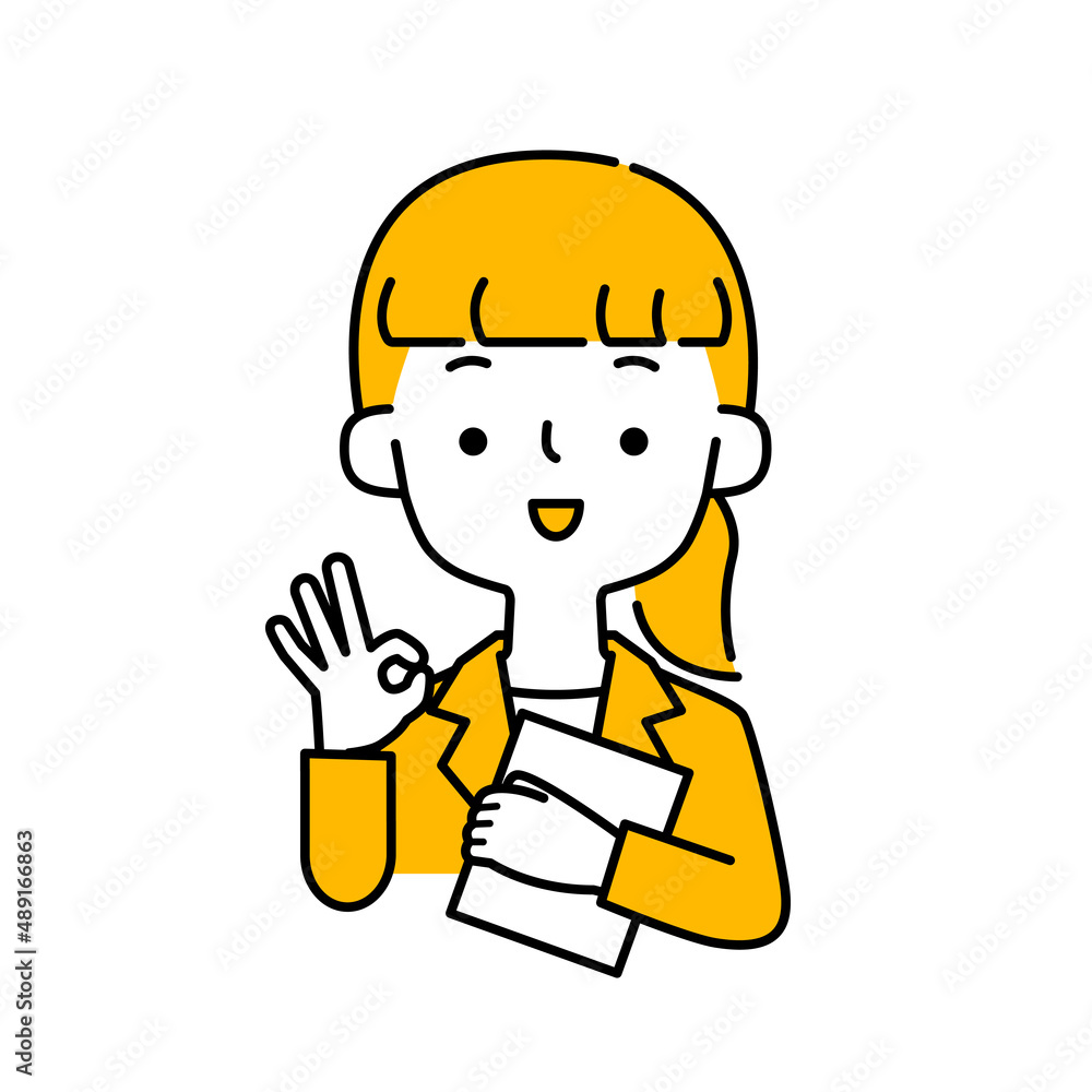 資料を持ちながら笑顔でOKジェスチャーをするスーツの女性のシンプルなイラスト