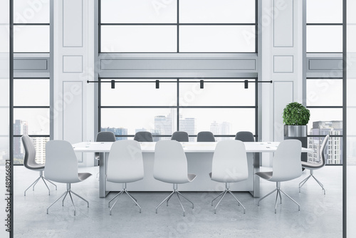 All-white interior design in modern spacious meeting room with light stylish chairs, conference table and city view from big windows. 3D rendering