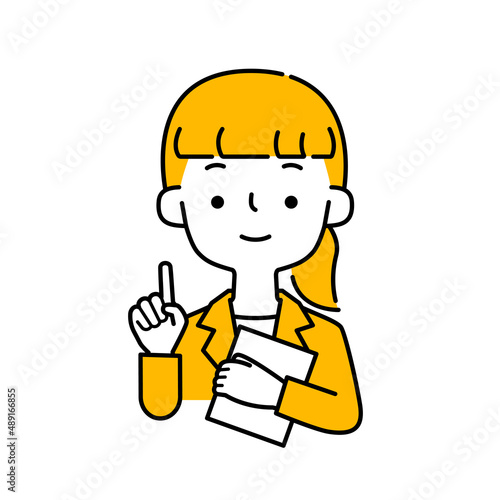 資料を持ちながら笑顔で話すスーツの女性のシンプルなイラスト