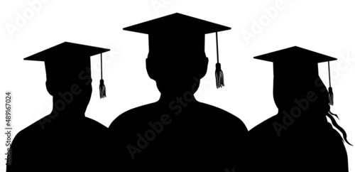 Silhouettes of graduates in graduation caps stand behind each other. Vector illustration