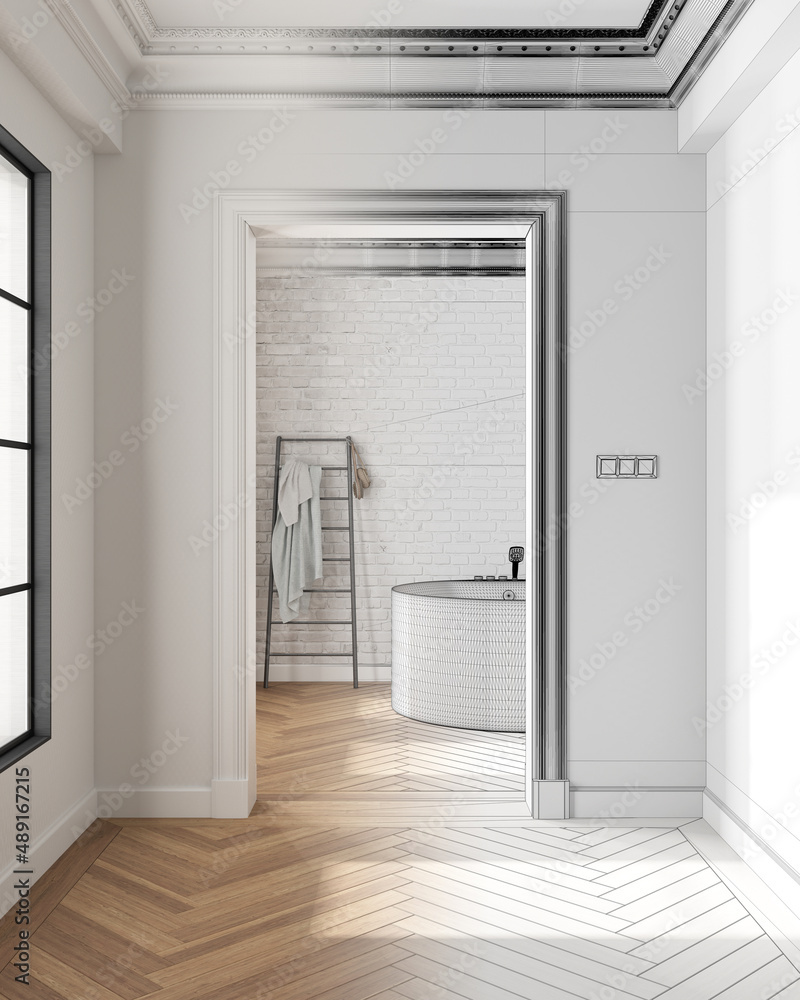 Architect interior designer concept: hand-drawn draft unfinished project that becomes real, interior design showcase, classic hallway with parquet, bathroom with freestanding bathtub Architect interior designer concept: hand-drawn draft unfinished project that becomes real, interior design showcase, classic hallway with parquet, bathroom with freestanding bathtub