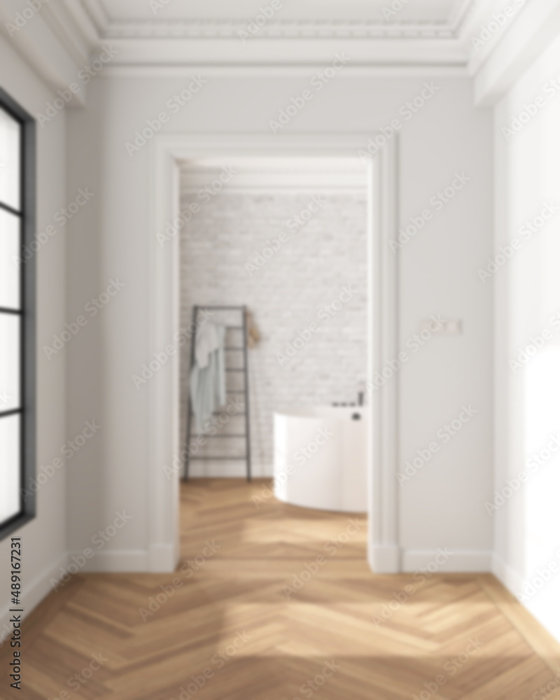 Blur background, interior design showcase, classic hallway with dark parquet and molded walls, modern bathroom with arched walls and freestanding round bathtub and accessories Blur background, interior design showcase, classic hallway with dark parquet and molded walls, modern bathroom with arched walls and freestanding round bathtub and accessories
