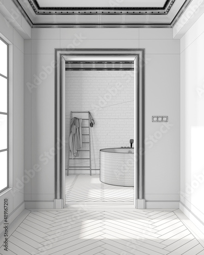 Unfinished project  interior design showcase  classic hallway with parquet and molded walls  modern bathroom with arched walls and freestanding round bathtub and accessories
