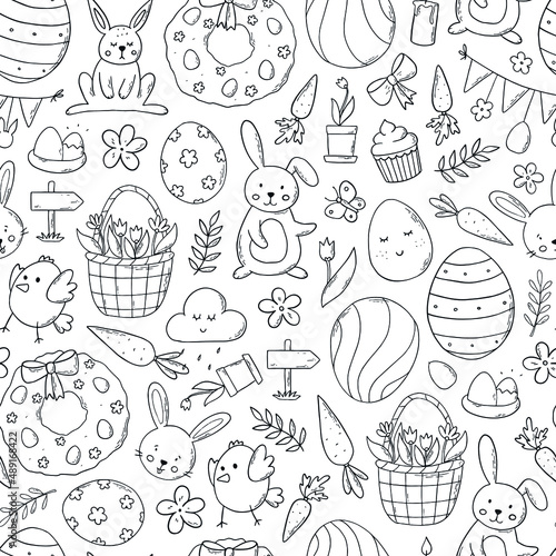Easter seamless pattern with hand drawn doodles. Monochrome textile print, background, wrapping paper, colorfing page, wallpaper, etc. EPS 10