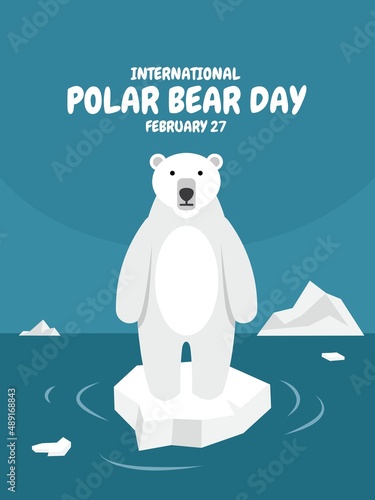 Vector illustration, polar bear standing on a shrinking iceberg, as International Polar Bear Day banner.