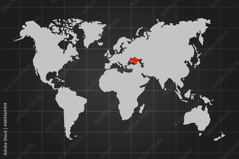 Ukraine, February 2022, War in Ukraine. Ukraine highlighted red on world political map. Gray background with grid