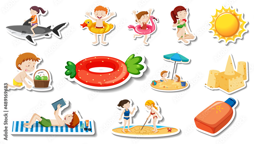 Naklejka premium Set of summer beach items and children