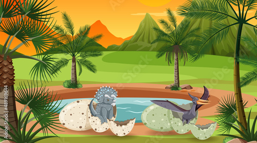 Dinosaur in prehistoric forest scene