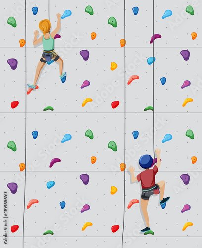 Scene with people climbing rock indoor on circle artboard