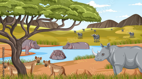 Wild animals in savanna forest scene