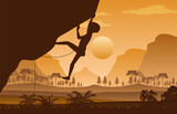 Flat silhouette rock climbing in nature background