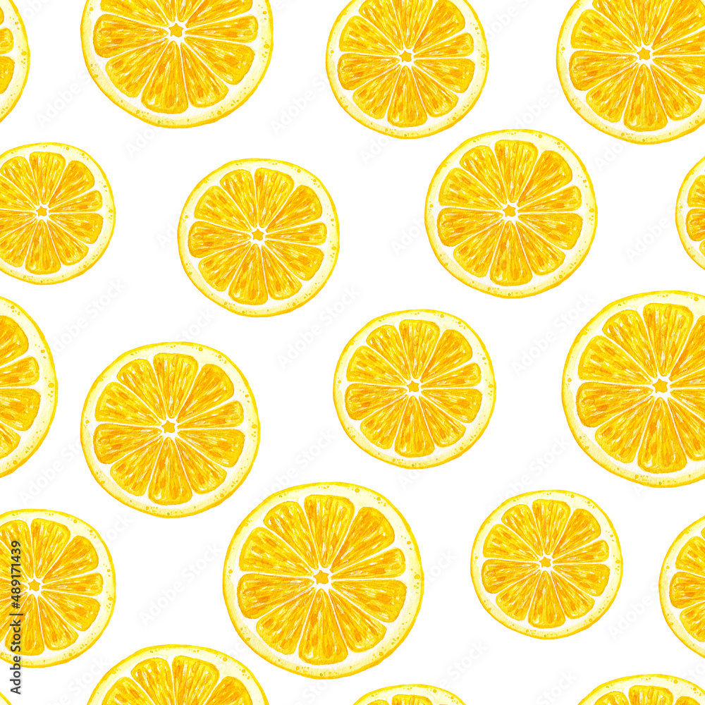 Seamless pattern lemon watercolor. Yellow citrus fruit on a white background.