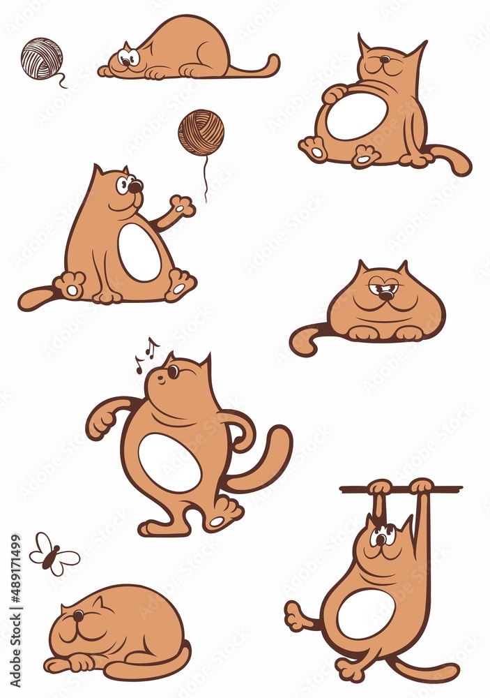 Set of vector cartoon style playing funny cats with different poses, seamless pattern, isolated on white background. Set of vector cartoon style playing funny cats with different poses, seamless pattern, isolated on white background.