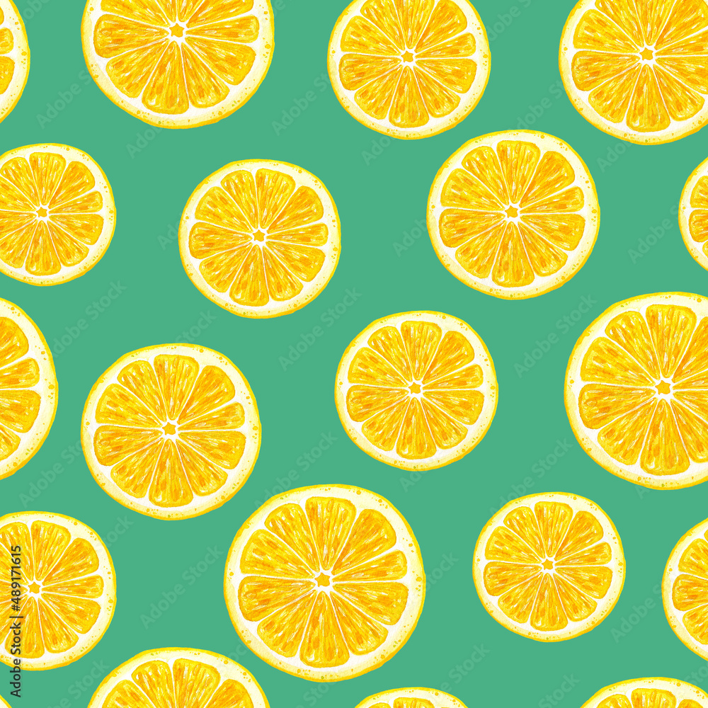 Seamless pattern lemon watercolor. Yellow citrus fruit 