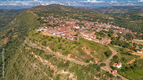 Aerial view from the west of the historic town of Barichara on a high plateau, Colombia