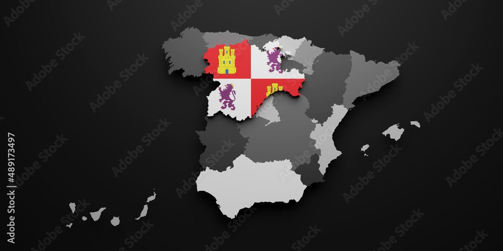 Fototapeta premium 3d Castilla Leon region flag and map