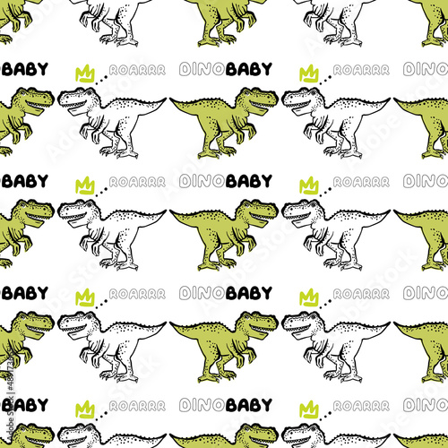 Doodle pattern with two baby t-rex dino. Seamless background with sketch roaring dinosaur. Textile design for baby boy on white background. Cartoon monster vector illustration.