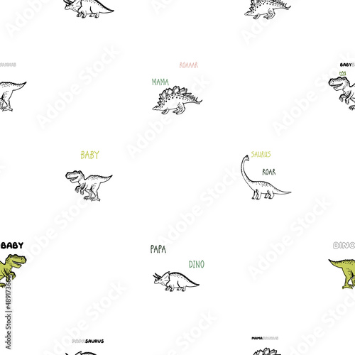 Doodle dinosaur background. Seamless pattern with dino family: stegosaurus, baby tyrannosaur, triceratops, roar brachiosaurus. Funny Dino collection. Textile design for children on white background.