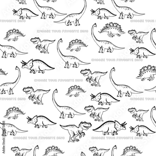Cute dinosaur doodle seamless with dinosaurs t-shirt design. Funny Dino collection. Textile design for baby boy on white background. Cartoon monster vector illustration.